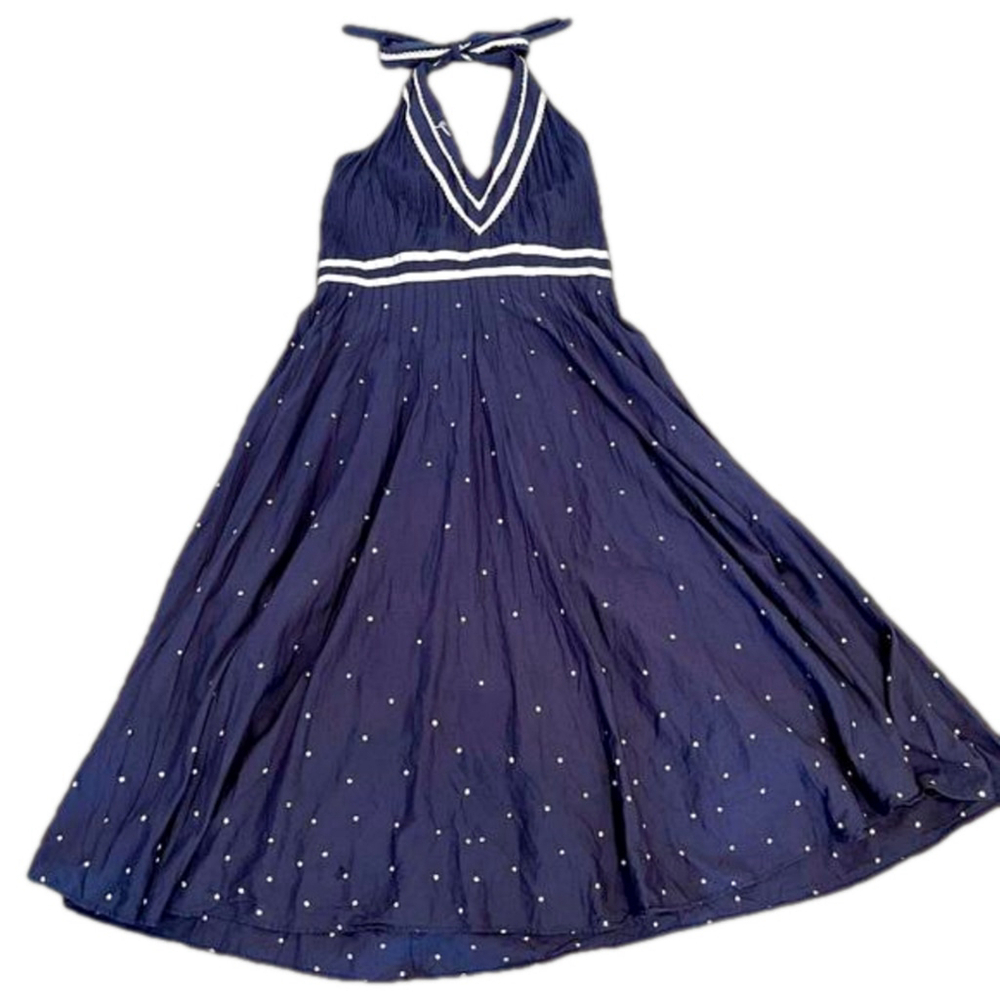 GUESS Retro Halter Midi Dress Navy Cotton With Cream Crochet and Embroidery Trim - Picture 3 of 12